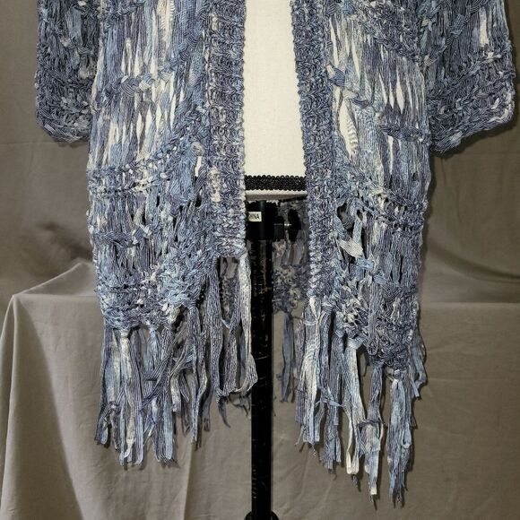 Chico's size 0 blue crochet net open front cardigan with tassels - Picture 6 of 9